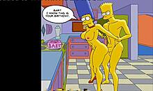 Marge, la ménagère coquine, se fait sodomiser à la fois dans la salle de sport et à la maison pendant l'absence de son mari, avec un dessin animé hentai sur le thème des Simpson comme toile de fond